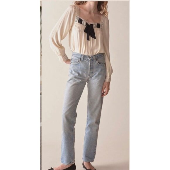 Doen Square Neck Long Sleeve Blouse Intricate Crochet Ribbon Lightweight Relaxed